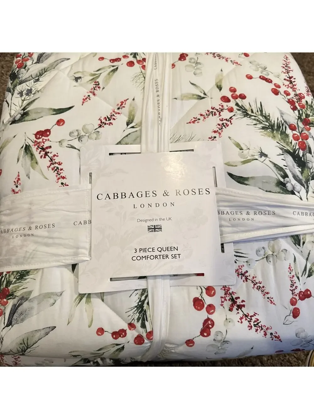Cabbage and Roses Christmas Foliage Fir Ruby Queen Comforter Set 90”x90”